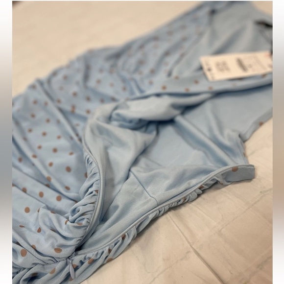 ZARA Blue Polka Dot Mini Dress Ruched V Neck Women’s Size Large NEW - Picture 9 of 14